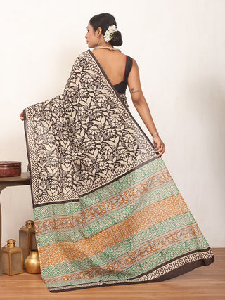 Black And Yellow Ochre Pure Jaipur Mul Cotton Saree With Bagru Print