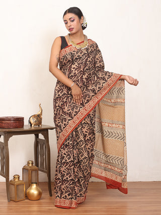 Black And Beige Pure Jaipur Mul Cotton Saree With Bagru Print