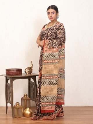 Black And Beige Pure Jaipur Mul Cotton Saree With Bagru Print