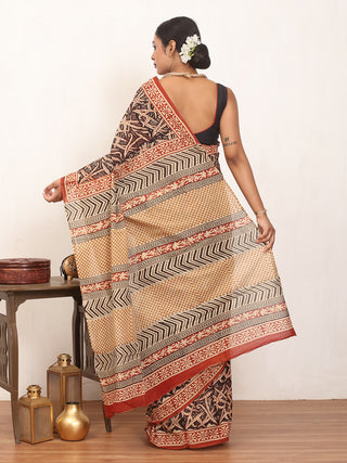 Black And Beige Pure Jaipur Mul Cotton Saree With Bagru Print