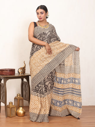 Black And Beige Pure Jaipur Mul Cotton Saree With Bagru Print