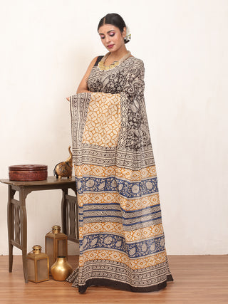 Black And Beige Pure Jaipur Mul Cotton Saree With Bagru Print
