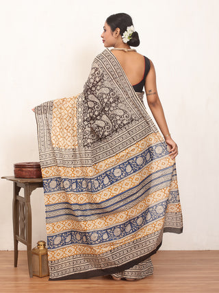 Black And Beige Pure Jaipur Mul Cotton Saree With Bagru Print