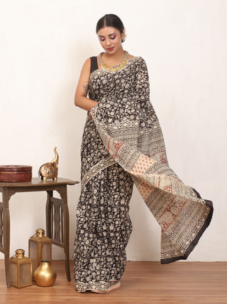 Black And Beige Pure Jaipur Mul Cotton Saree With Bagru Print