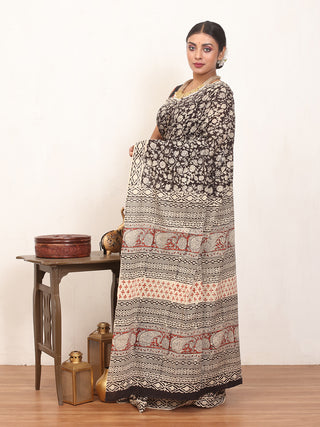 Black And Beige Pure Jaipur Mul Cotton Saree With Bagru Print