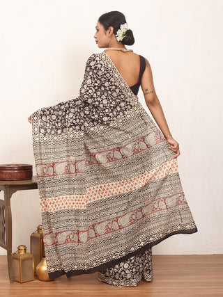 Black And Beige Pure Jaipur Mul Cotton Saree With Bagru Print