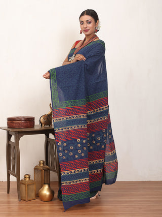 Indigo Blue Pure Jaipur Cotton Saree With Bagru Discharge Print