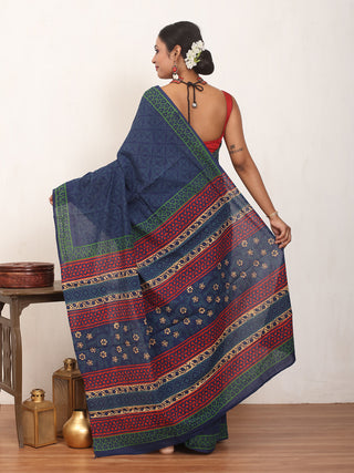 Indigo Blue Pure Jaipur Cotton Saree With Bagru Discharge Print