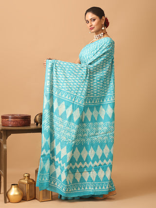 Cyan Blue Pure Jaipur Mul Cotton Saree With Dabu Print
