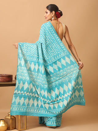 Cyan Blue Pure Jaipur Mul Cotton Saree With Dabu Print