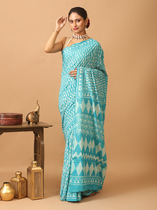 Cyan Blue Pure Jaipur Mul Cotton Saree With Dabu Print