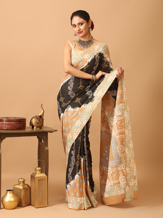 Black And Fawn Colour Pure Jaipur Mul Cotton Saree With Dabu Print