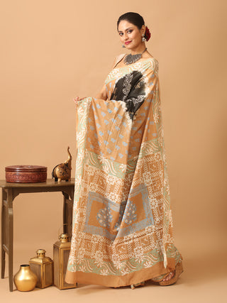 Black And Fawn Colour Pure Jaipur Mul Cotton Saree With Dabu Print