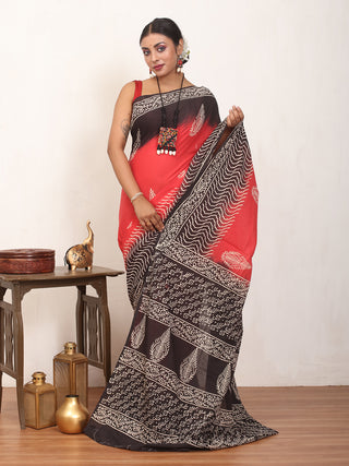 Tomato Red Pure Jaipur Mul Cotton Saree With Dabu Print