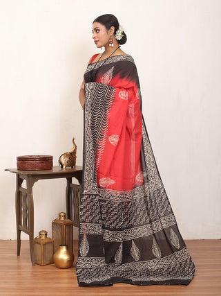 Tomato Red Pure Jaipur Mul Cotton Saree With Dabu Print