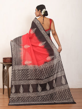 Tomato Red Pure Jaipur Mul Cotton Saree With Dabu Print