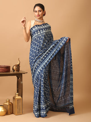 Indigo Blue Pure Jaipur Mul Cotton Saree With Dabu Print