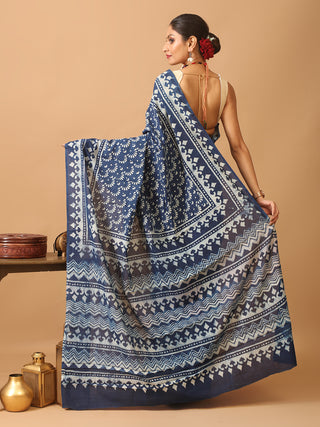 Indigo Blue Pure Jaipur Mul Cotton Saree With Dabu Print