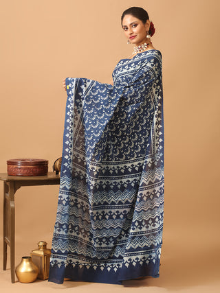 Indigo Blue Pure Jaipur Mul Cotton Saree With Dabu Print