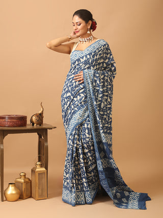 Indigo Blue Pure Jaipur Mul Cotton Saree With Dabu Print