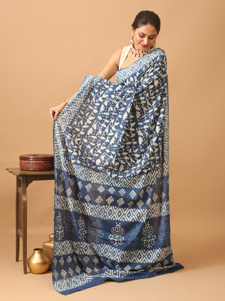 Indigo Blue Pure Jaipur Mul Cotton Saree With Dabu Print