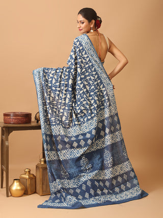 Indigo Blue Pure Jaipur Mul Cotton Saree With Dabu Print