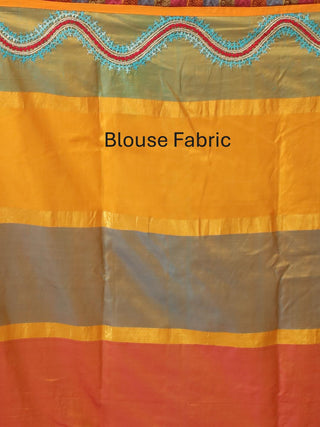 Multicoloured Kanjivaram Pure Silk Saree With Gujarati Hand Embroidery
