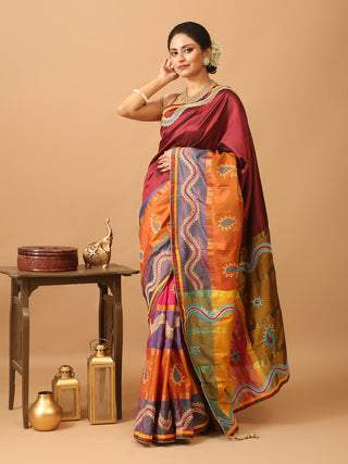 Multicoloured Kanjivaram Pure Silk Saree With Gujarati Hand Embroidery