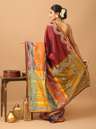 Multicoloured Kanjivaram Pure Silk Saree With Gujarati Hand Embroidery