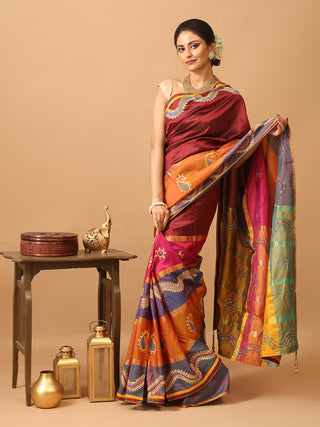 Multicoloured Kanjivaram Pure Silk Saree With Gujarati Hand Embroidery