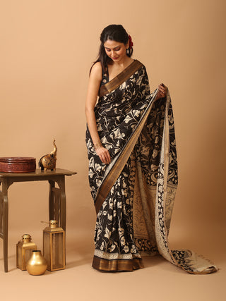 Black And White Bangalore Silk Srikalahasti Pen Kalamkari Saree