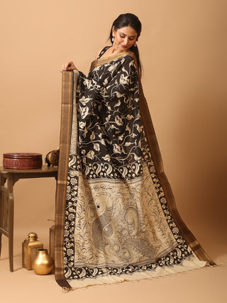 Black And White Bangalore Silk Srikalahasti Pen Kalamkari Saree