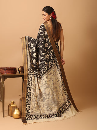 Black And White Bangalore Silk Srikalahasti Pen Kalamkari Saree