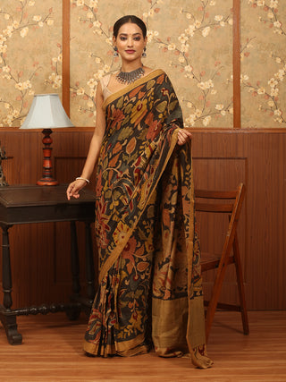 Black Base Pure Mangalgiri Cotton Srikalahasti Pen Kalamkari Saree