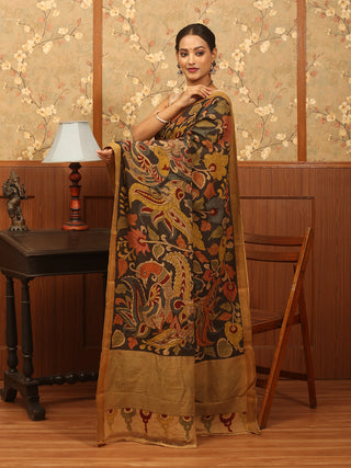 Black Base Pure Mangalgiri Cotton Srikalahasti Pen Kalamkari Saree