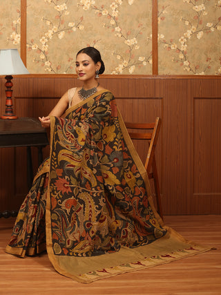 Black Base Pure Mangalgiri Cotton Srikalahasti Pen Kalamkari Saree
