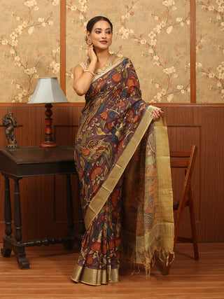 Purple Colour Pure Bangalore Silk Srikalahasti Pen Kalamkari Saree