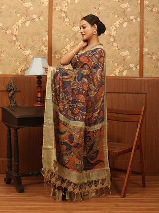Purple Colour Pure Bangalore Silk Srikalahasti Pen Kalamkari Saree