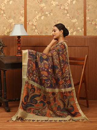 Purple Colour Pure Bangalore Silk Srikalahasti Pen Kalamkari Saree