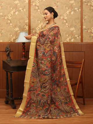 Peach Colour Pure Bangalore Silk Srikalahasti Pen Kalamkari Saree