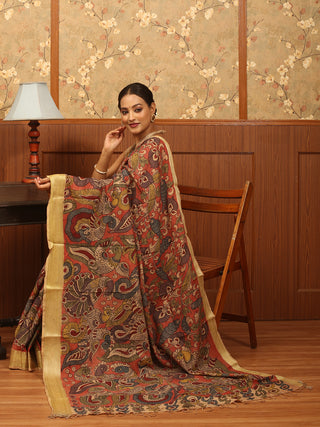 Peach Colour Pure Bangalore Silk Srikalahasti Pen Kalamkari Saree