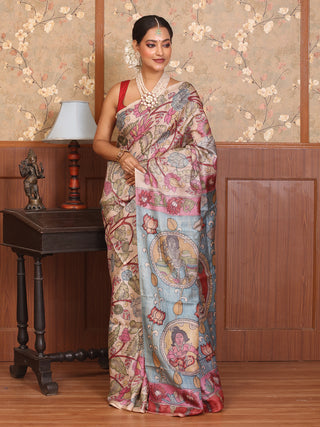 Beige Colour Pure Tussar Silk Srikalahasti Pen Kalamkari Saree