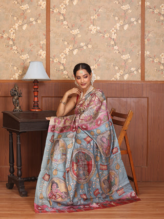 Beige Colour Pure Tussar Silk Srikalahasti Pen Kalamkari Saree