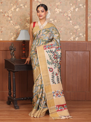 Beige Colour Pure Tussar Silk Srikalahasti Pen Kalamkari Saree