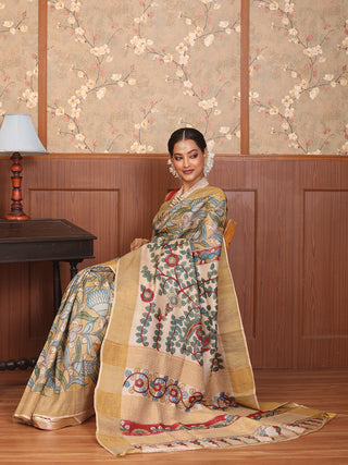 Beige Colour Pure Tussar Silk Srikalahasti Pen Kalamkari Saree