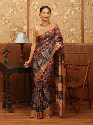 Brick Red And Black Pure Zari Tussar Silk Srikalahasti Pen Kalamkari Saree