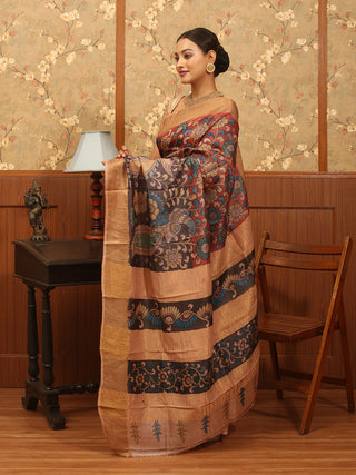 Brick Red And Black Pure Zari Tussar Silk Srikalahasti Pen Kalamkari Saree