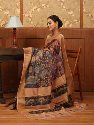 Brick Red And Black Pure Zari Tussar Silk Srikalahasti Pen Kalamkari Saree