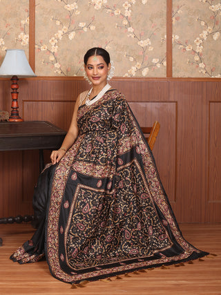 Black Bangalore Silk Saree with Exquisite Kashmiri Embroidery