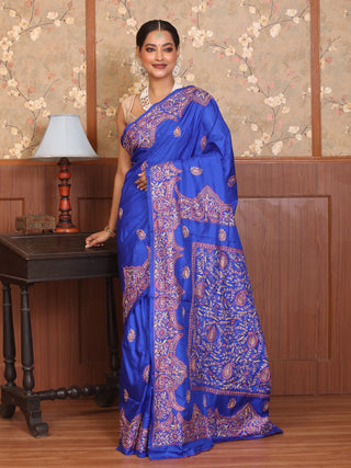 Royal Blue Bangalore Silk Saree with Intricate Kashmiri Embroidery